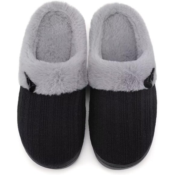 Women's Black Gray Scuff Faux Fur Lining Memory Warm Foam Plush Slippers Shoes - Picture 1 of 8
